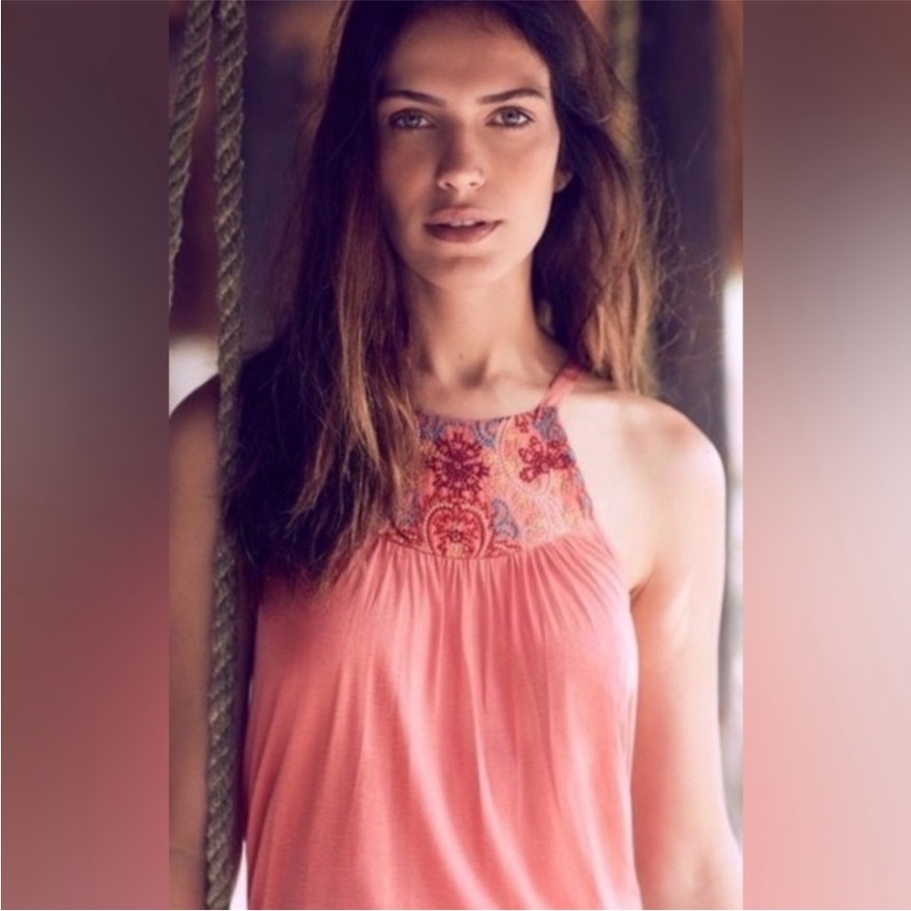 Anthropologie One September Coral Floral Embroidered Tank